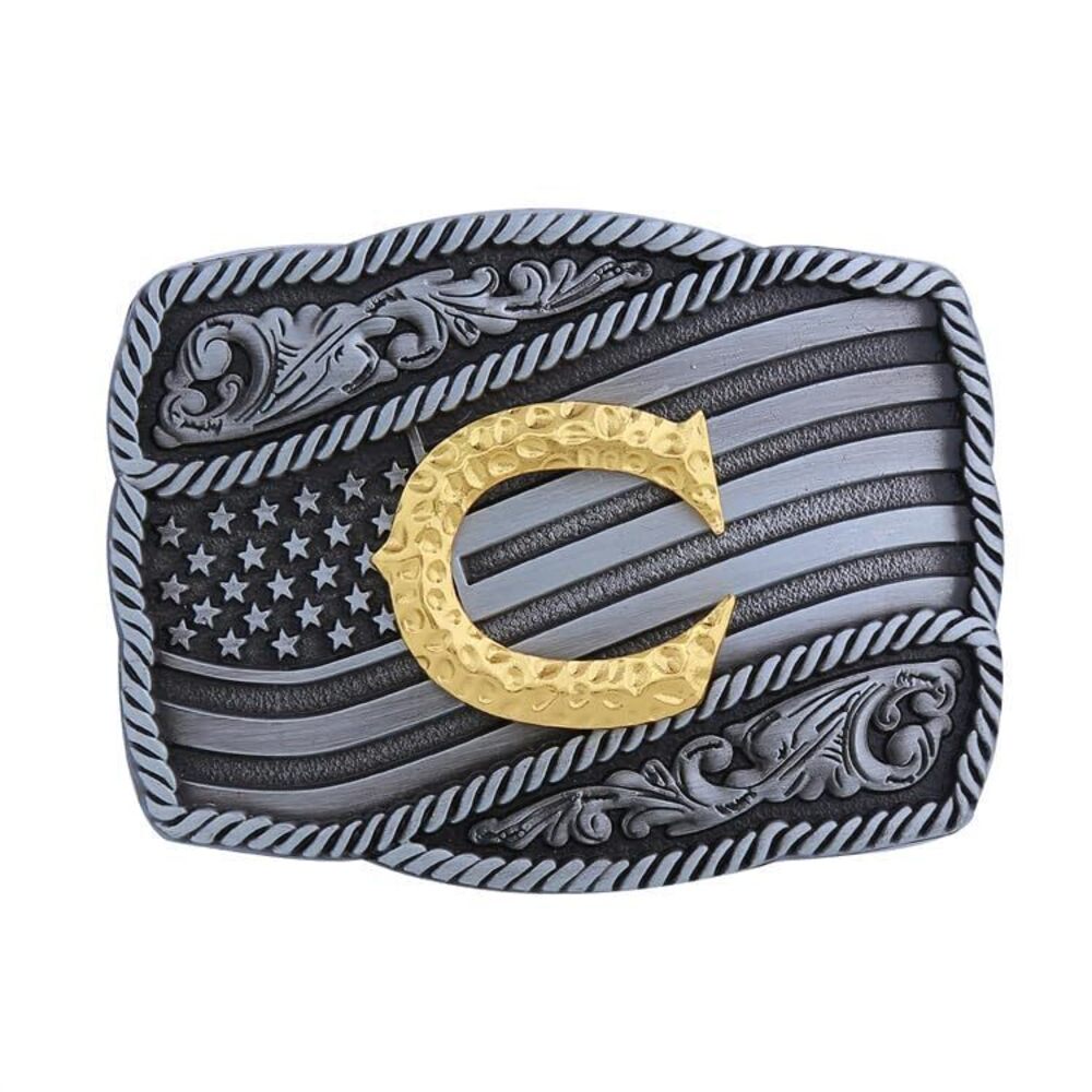 8727 Western Cowboy Belt Buckle , Initial Letters American Flag Belt Buckle